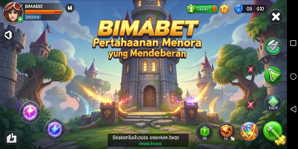 Screenshot gameplay BIMABET menampilkan menara dan musuh yang mendebarkan.