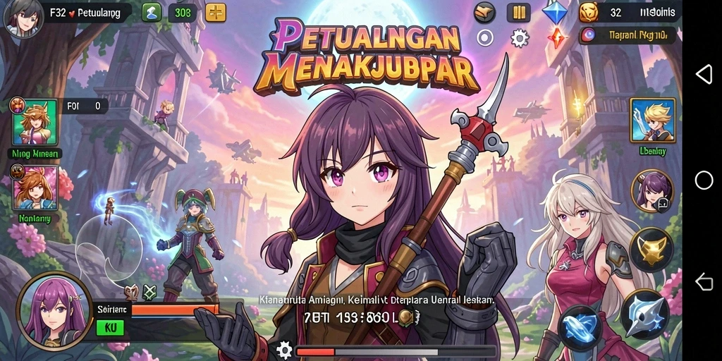 Tampilan screenshot utama F32 menampilkan karakter Anime dalam aksi seru.