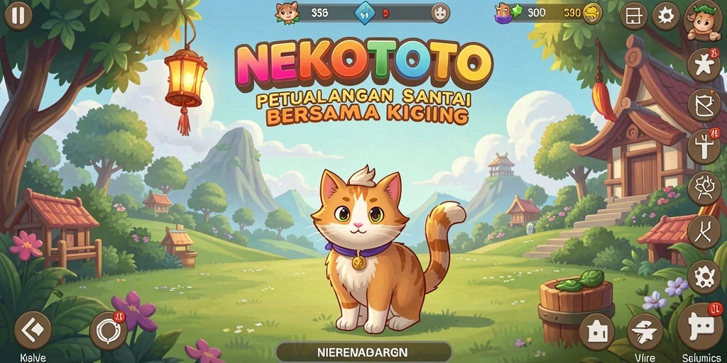 Tampilan gameplay <strong>NEKOTOTO</strong> menampilkan kucing lucu dan arena yang menarik.