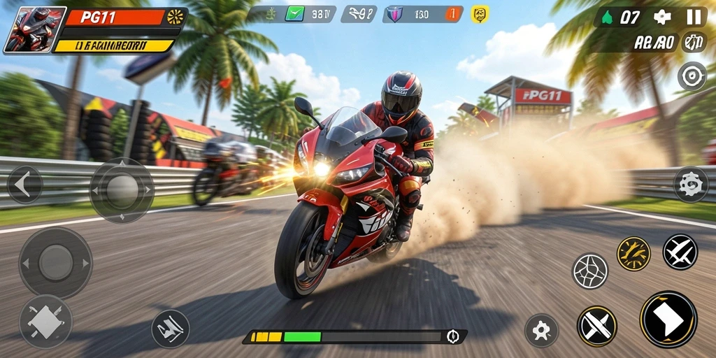 Screenshot PG11 menampilkan gameplay balapan motor yang seru.
