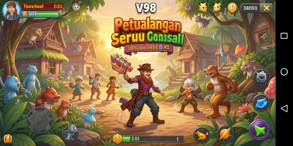 Tangkapan layar dari gameplay V98 yang menampilkan aksi seru dan penuh warna.